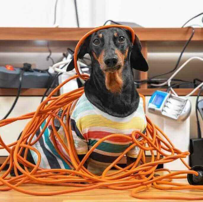 dog and cables shutterstock_1890472864 sausage dog wearing a stripy jumper tangled up in orange cables looking directly at the camera