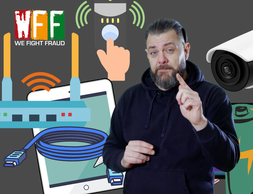 Tony Sales from We Fight Fraud talking to camera with electrical graphics in the background
