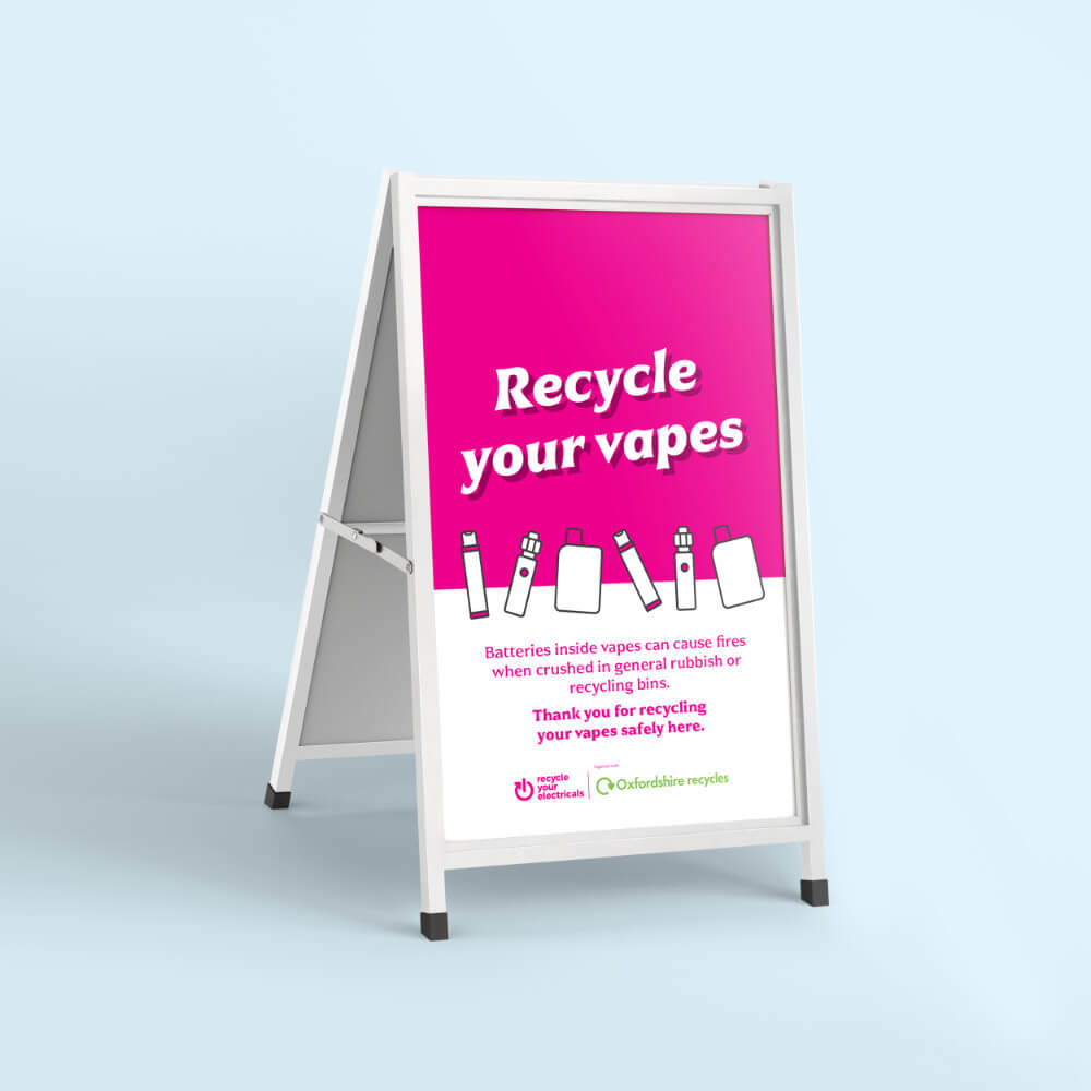 Header image A-Frame-Sign 2024 1000px A-frame sign in pink and white against a pale blue background, text on sign: Recycle your Vapes