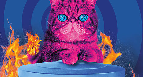 ‘HypnoCat’ (a magenta-coloured Persian cat with blue spiral eyes) resting on a waste bin surrounded by flames against a blue spiral background