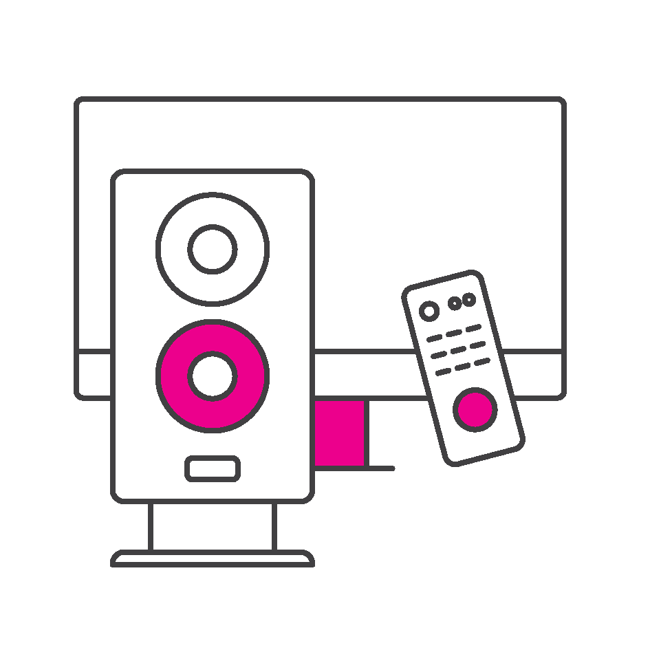 icons depicting miscellaneous small TV and audio electrical items like a speaker a remote control and a flat screen television