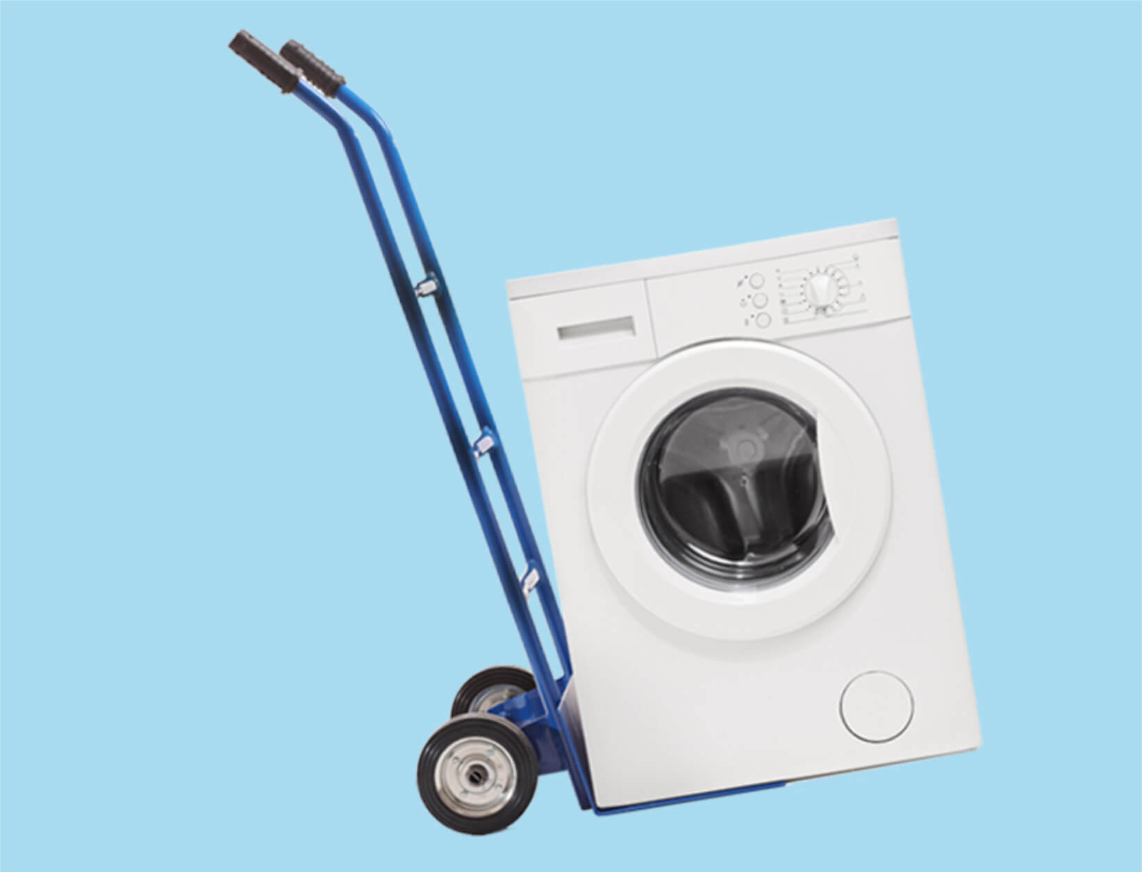 Washing machine on trolley cyan 2024 1644x1256 px a washing machine on a porter's trolley tilted against a bright blue backdrop
