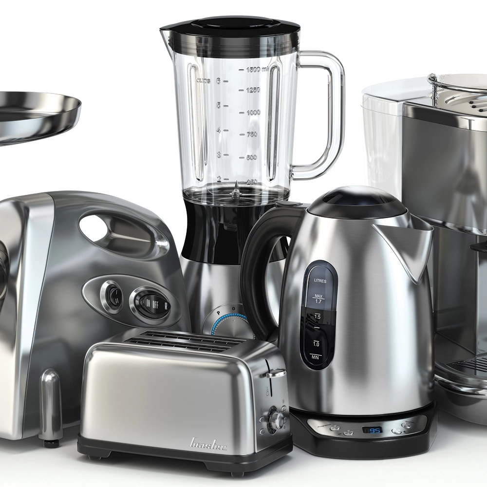 RYE Header household kitchen appliances -shutterstock_370175306 a collection of electrical kitchen appliances in black and silver on a white table