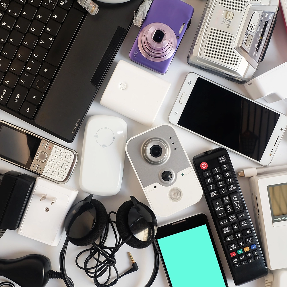header Smart devices on table 1000 px overhead view of a table completely covered in small electrical devices