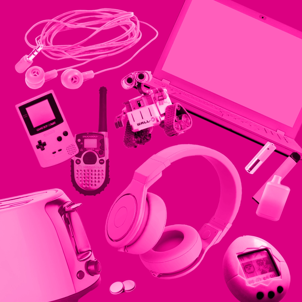RYE-Items-duotone-various devices Floating electrical items, including Wall-E and headphones, in a pink haze against a bright pink backdrop.