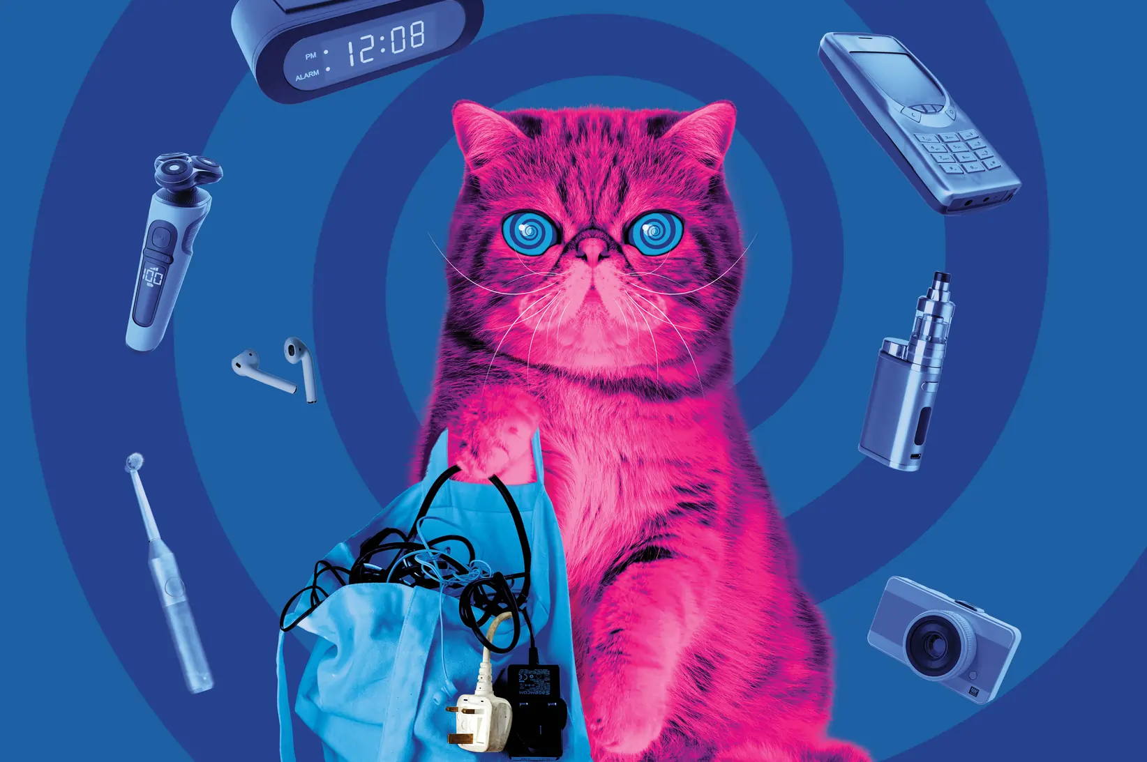 Hypno cat Campaign page 2024 Hypno-cat-My Mission HypnoCat - a pink fluffy persian cat sitting holding a bag of old electricals with a blue swirling background and various small electrical devices swirling around his head