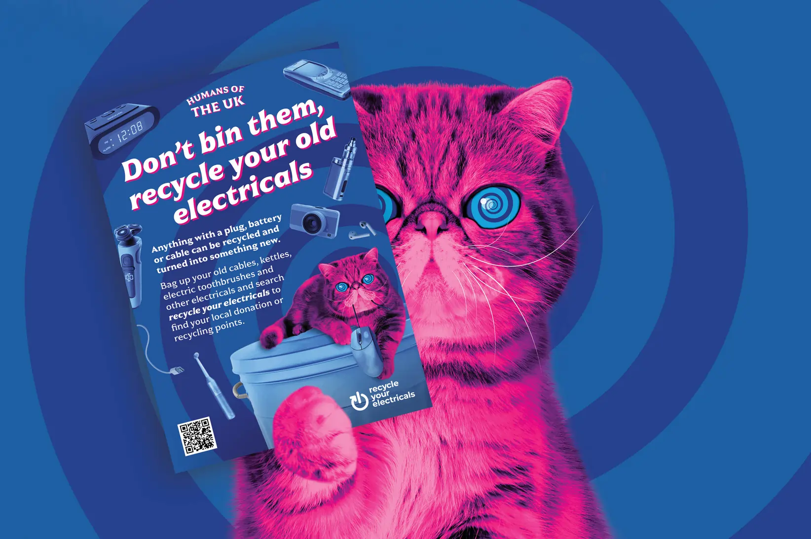 Hypno cat Campaign page 2024 Hypno-cat Your Mission posters 1644 px HypnoCat the pink fluffy persian recycling cat holding up a poster for recycling on a swirling blue background