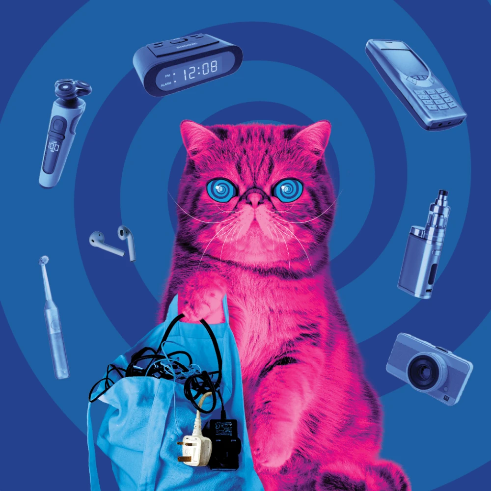 Hypnocat header HypnoCat - a pink fluffy persian cat sitting holding a bag of old electricals 1000px HypnoCat - a pink fluffy persian cat sitting holding a bag of old electricals with a blue swirling background and various small electrical devices swirling around his head