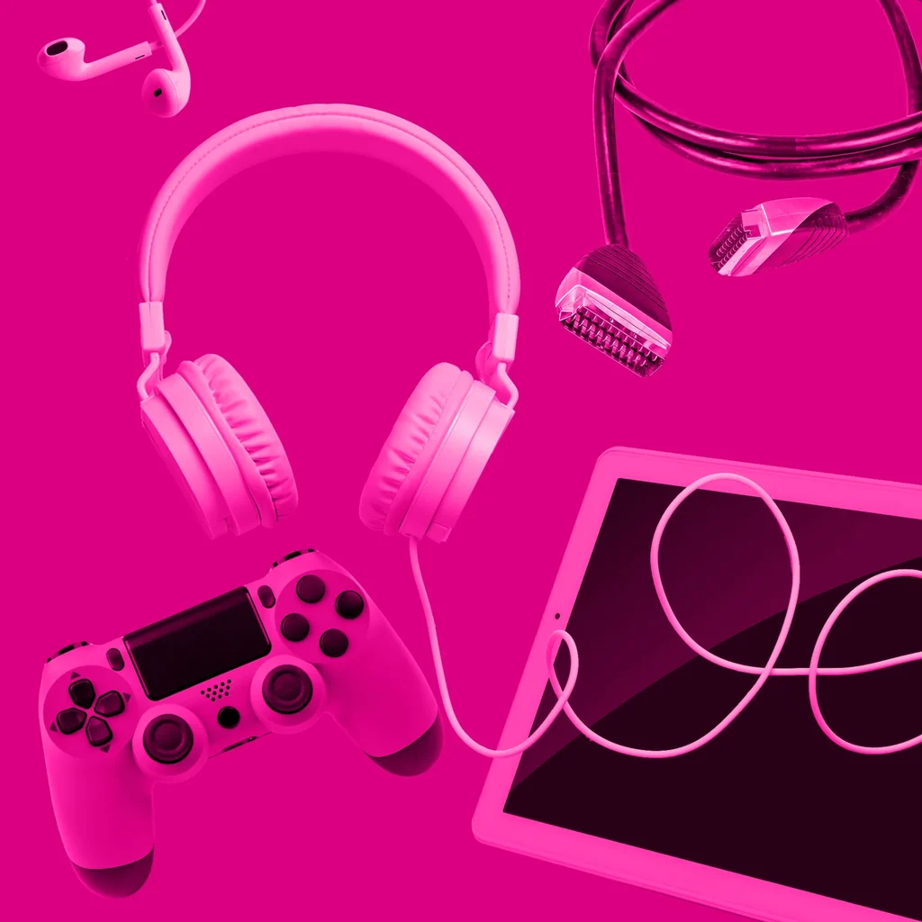 RYE0404_Infographics_Gaming_20231010_1200x675_Layers_v2 Floating electrical items in pink in a pink haze