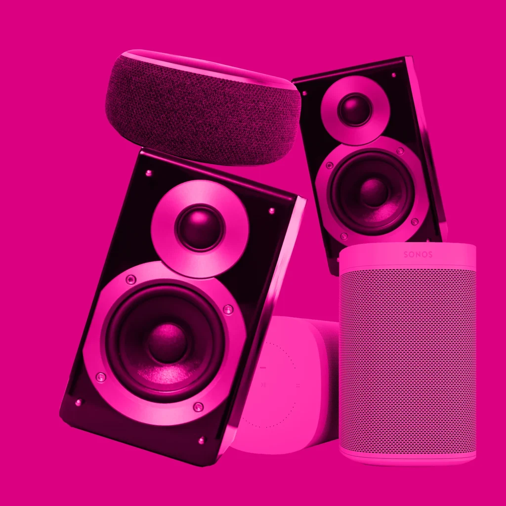RYE_Speakers_ Floating speakers stacked in a pink haze against a bright pink backdrop
