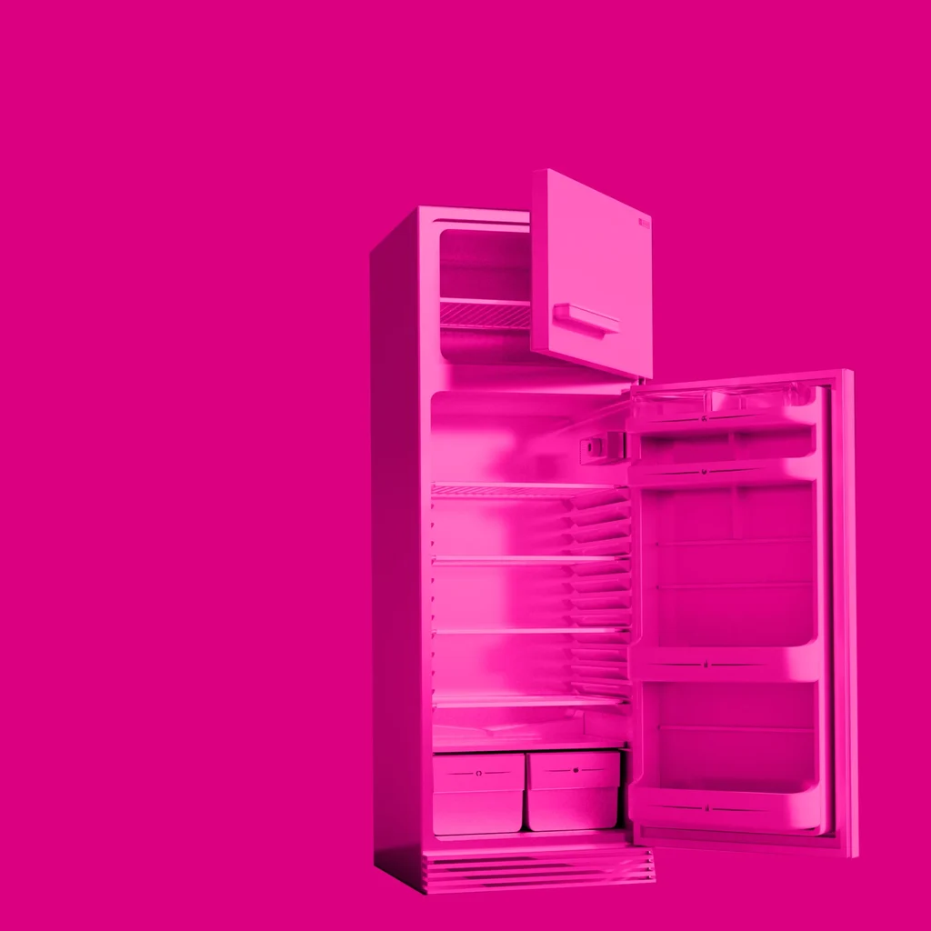 fridge_duotone-shutterstock_361082744 empty fridge with doors open in a pink haze pink against a bright pink backdrop