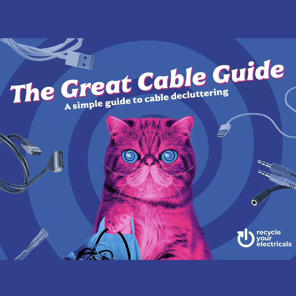RYE Resources Cable Guide cover 1000px a cover for the great cable guide featuring HypnoCat - a pink fluffy persian cat with a blue swirling background and various small electrical devices swirling around his head